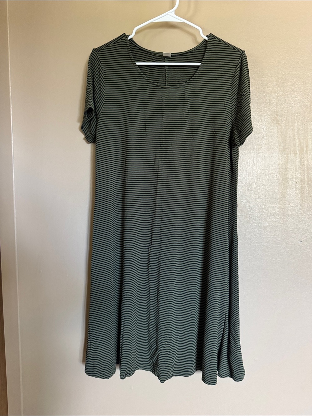 Old Navy Olive Green and Black Striped Midi T‑Shirt Dress